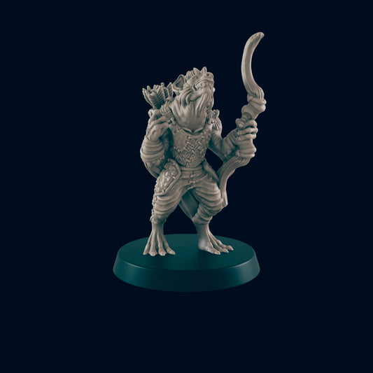 A miniature lizard-like humanoid figure, holding a curved bow and quiver, stands on a dark circular base against a black background.