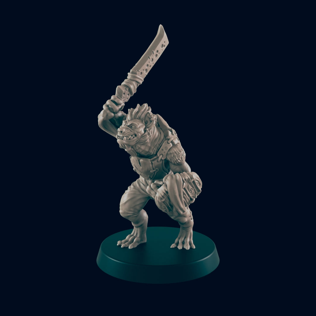 A wolfman figurine stands on a round, dark green base, wielding a notched blade above its head with its right arm, while its left arm holds a patterned shield.