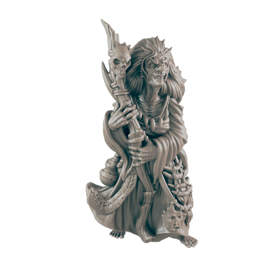 A skeletal figure, clutching a skull-topped staff, stands.  The figure wears robes adorned with carvings. The context is seemingly fantastical.