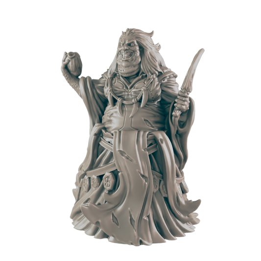A pale witch figure stands, holding a small sack in one hand and a jagged dagger in the other, wearing tattered clothing in a neutral setting.