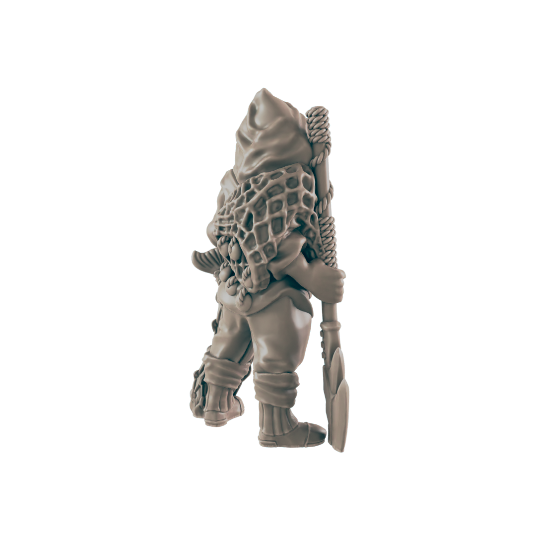 A miniature gnome figure, carrying a shovel and net, stands against a dark background.