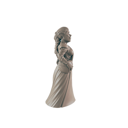 A female figurine, standing in profile,  wears a long dress and appears to be smiling against a dark background.