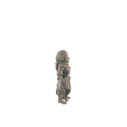 A small, female figurine stands against a black background.  She appears to be wearing a robe and boots.