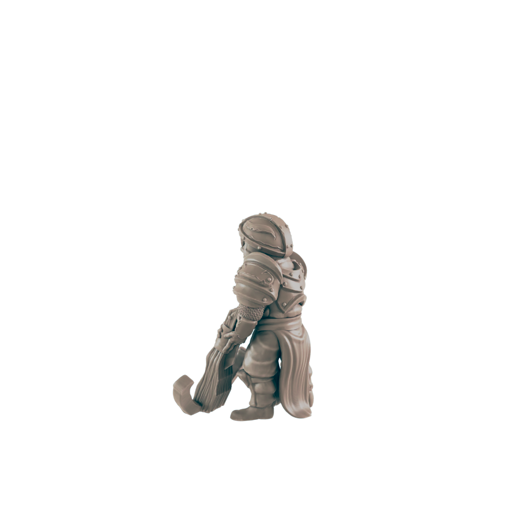 A miniature armored figure stands, carrying a large weapon, against a black background.