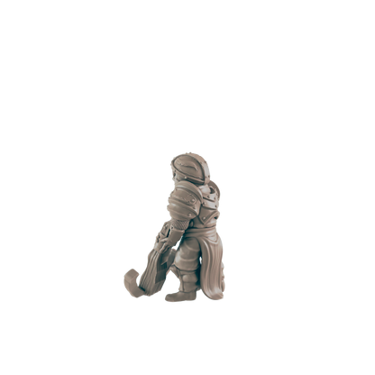 A miniature armored figure stands, carrying a large weapon, against a black background.