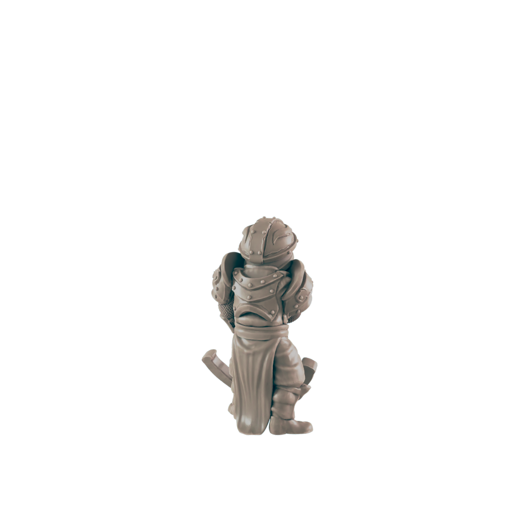 A miniature armored figure stands against a black background.  It is possibly a figurine for a game.