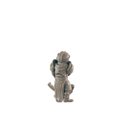 A miniature armored figure stands against a black background.  It is possibly a figurine for a game.