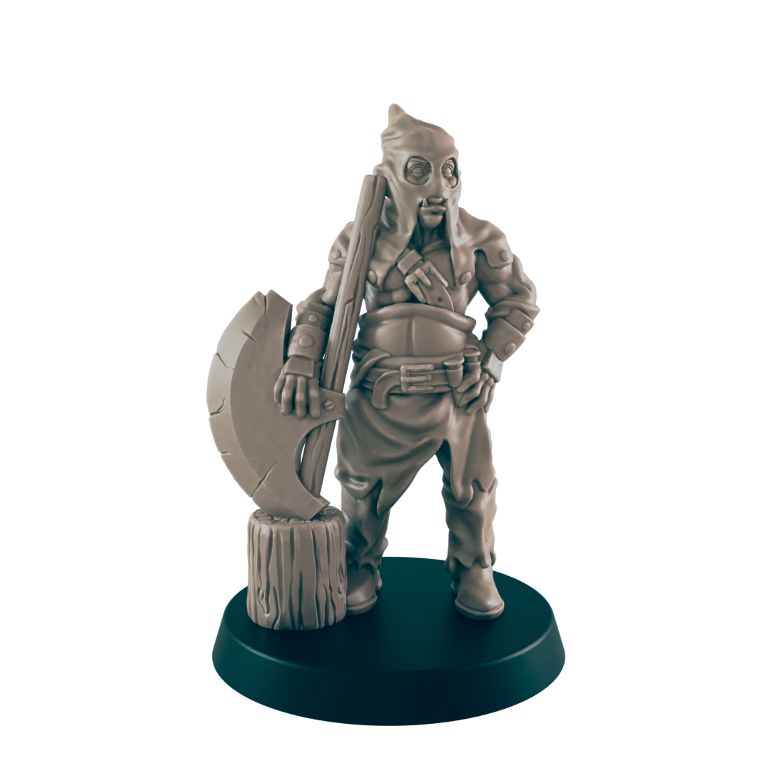 A miniature executioner stands, holding a large axe against a wood block.  He is clad in a hooded robe and belted tunic. The figure rests on a dark circular base.