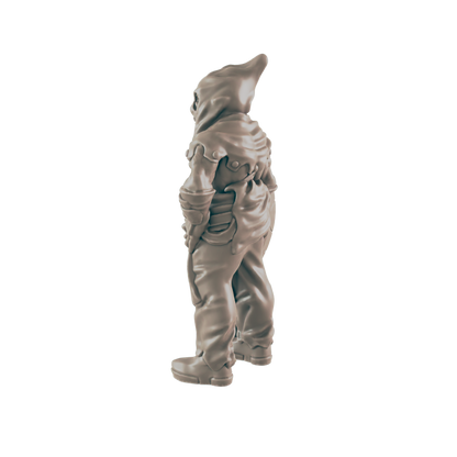 A miniature figurine of a hooded figure stands against a dark background.  The figure is sculpted in a three-quarter view, appearing to be a character from a game or fantasy setting.