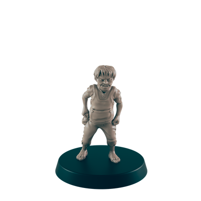 A figurine of a barefoot man wearing simple clothes stands on a round base. He is scowling and clenching his fists in an aggressive stance. The background is black.