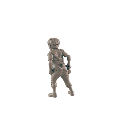 A clay-colored figurine of a boy with short, shaggy hair stands, facing away. He's wearing a t-shirt, cropped pants, and a small satchel over his back, set against a solid black background.