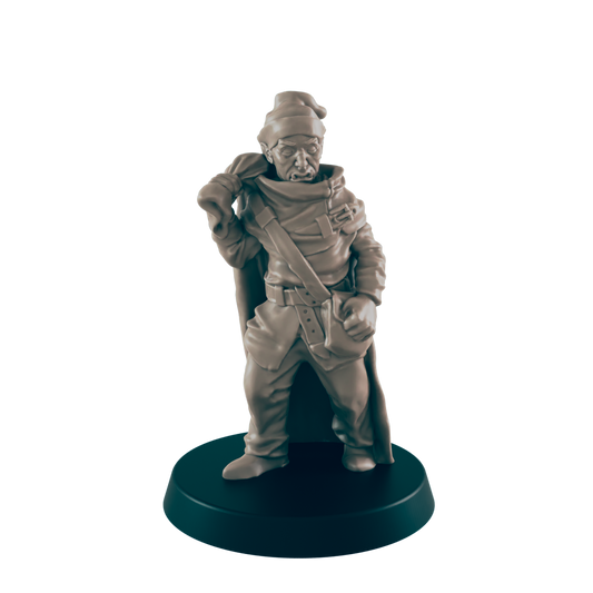 A miniature figurine of a gnome, carrying a sack, stands on a dark circular base against a black background.