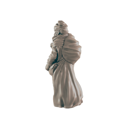 A miniature figurine of a person, appearing to stand and possibly carry a bag, is shown against a dark background.