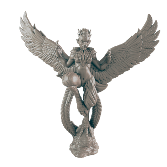 A gray harpy statue is standing, with wide wings spread, and one leg bent to hold a round object, all against a black background.