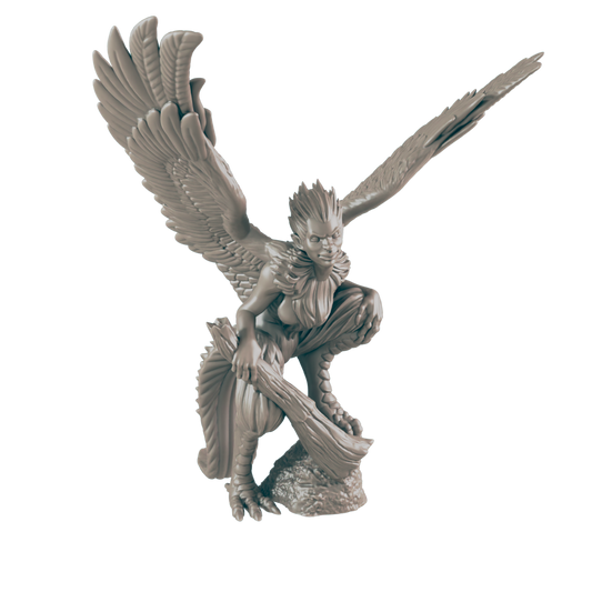 A harpy squats on a rocky base, wings outstretched. She holds a log in one hand, and her legs end in birdlike talons. Black background.