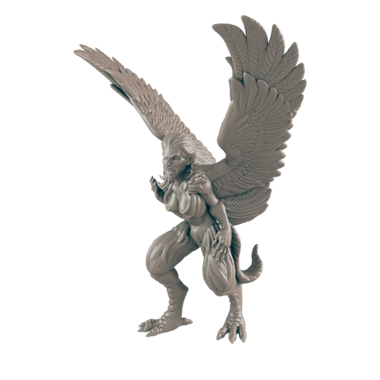 The harpy miniature stands threateningly, wings spread wide, with avian talons and a reptilian tail. It is featured against a solid backdrop.