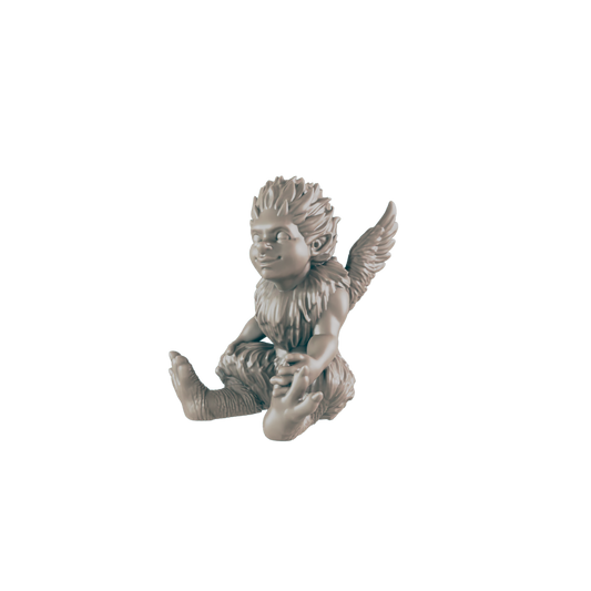A small, winged creature sits with its feet tucked under, against a dark background.