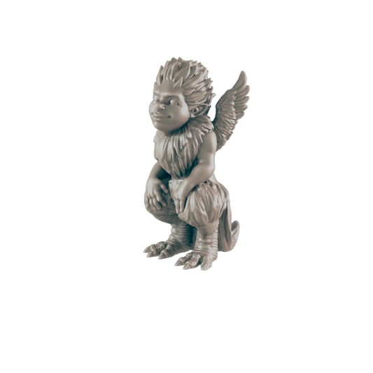 A small, winged creature sits, appearing furry and slightly hunched.  Its pose is contemplative. The background is a plain, dark color.