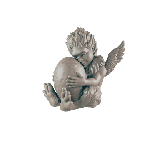 A light grayish statue of a winged, child-like creature with furry legs holds a scaled egg, eyes closed, against a black background.