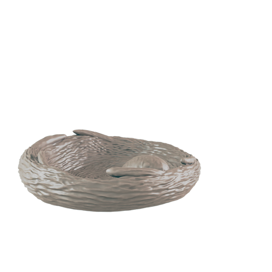 A sleeping creature, possibly a mammal, rests curled in a stylized, hollow, beige-toned shape that might resemble a nest or dish, set against a stark black background.
