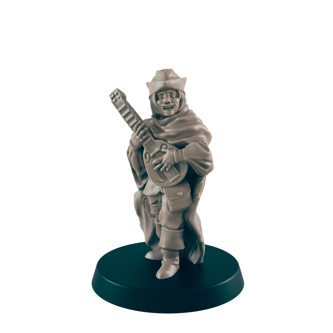 A miniature bard figure plays a lute.  The figure is smiling and wears a hooded cloak.  It stands on a dark circular base.