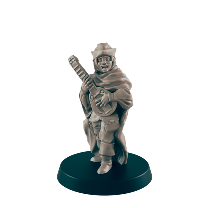A miniature bard figure plays a lute.  The figure is smiling and wears a hooded cloak.  It stands on a dark circular base.