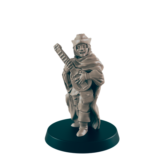 A miniature bard figure plays a lute.  The figure is smiling and wears a hooded cloak.  It stands on a dark circular base.