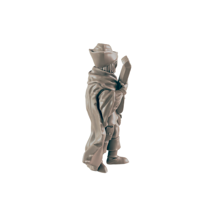 A miniature figure, cloaked and hatted, stands holding a long, thin object; it is viewed from behind against a black background.