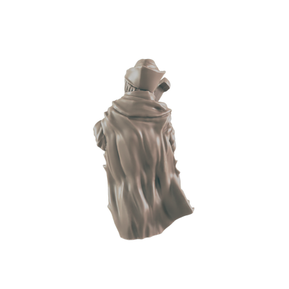 A miniature figurine, appearing to be a person in a long coat and hat, stands facing away.  The figurine is light brown, unpainted. The context is a plain, dark background.