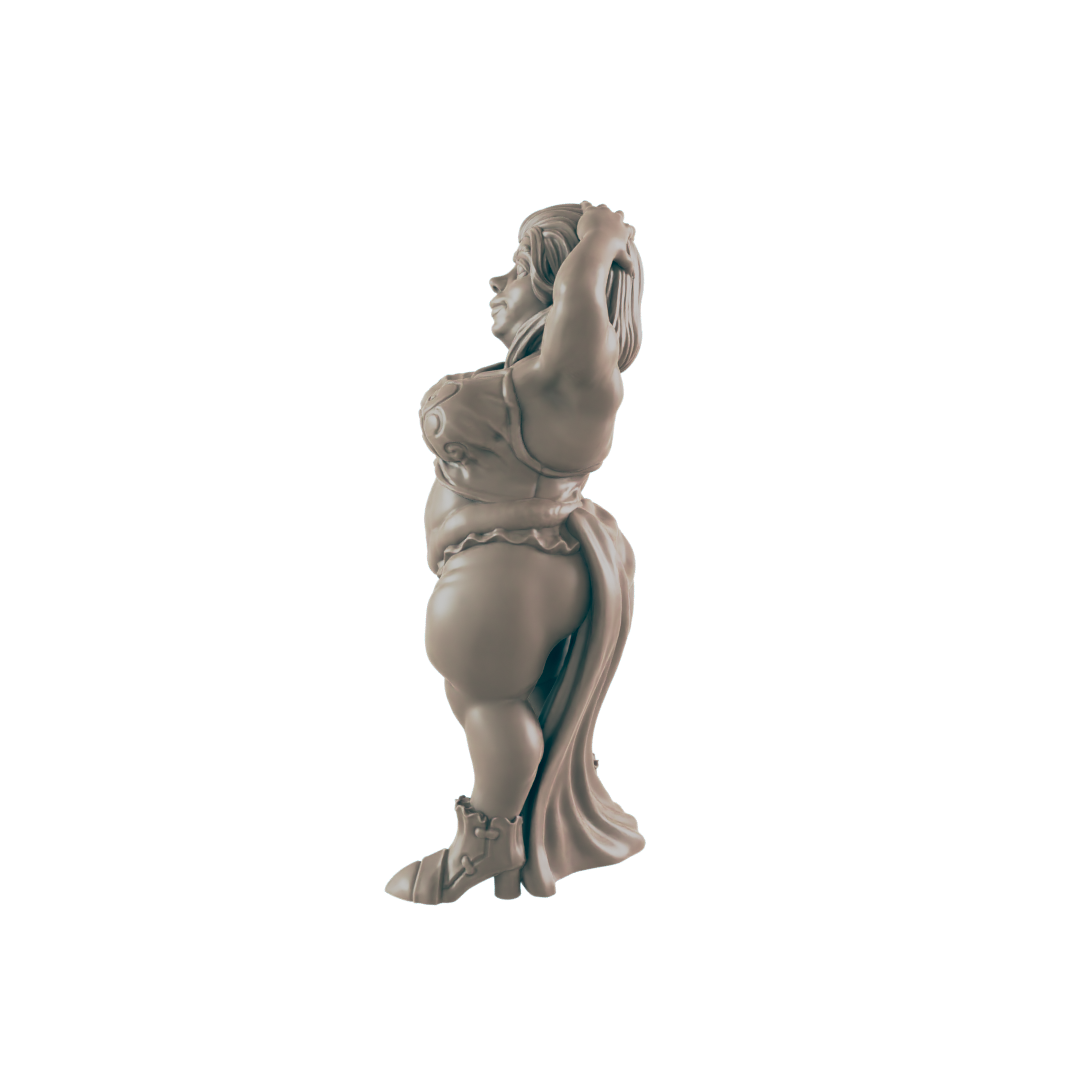 A stout female figurine, adjusts her hair, stands against a black background.