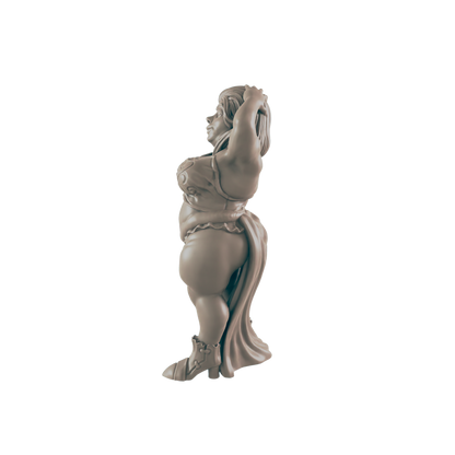 A stout female figurine, adjusts her hair, stands against a black background.