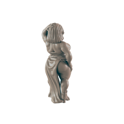 A light-brown figurine of a plus-size woman, posing, wearing a flowing drape, stands against a dark background.