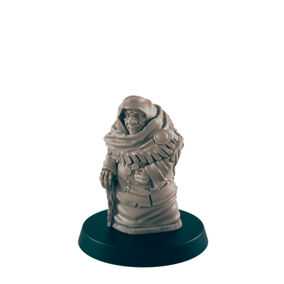 A miniature figurine of an elderly person, wearing a hooded cloak and holding a staff, stands on a dark circular base.