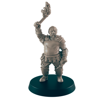 A miniature figurine of a stout, armored man holds aloft a flaming torch.  He stands on a dark circular base.