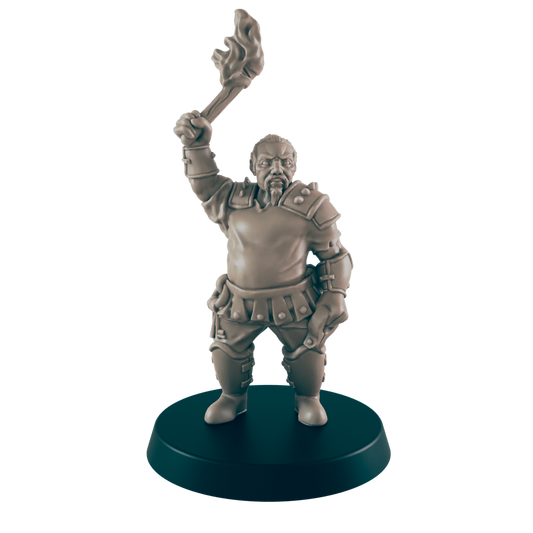 A miniature figurine of a stout, armored man holds aloft a flaming torch.  He stands on a dark circular base.