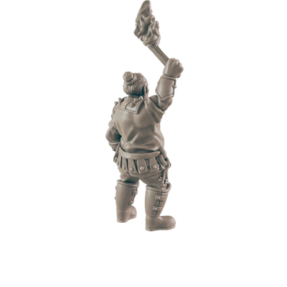 A miniature figurine of a stout, armored figure holds a flaming torch aloft, standing against a dark background.