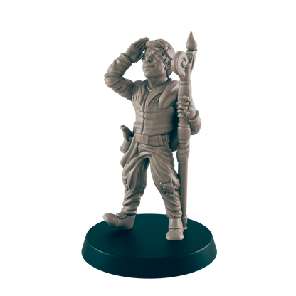 A miniature figurine of a stout, uniformed man is shielding his eyes, appearing to search for something while holding a staff. It stands on a dark circular base.