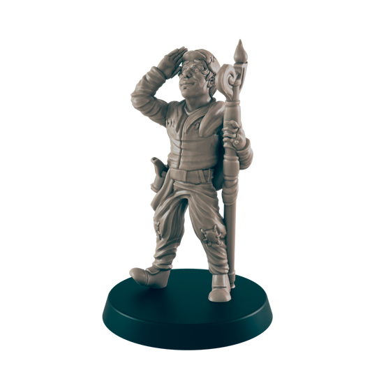A miniature figurine of a stout, uniformed man is shielding his eyes, appearing to search for something while holding a staff. It stands on a dark circular base.