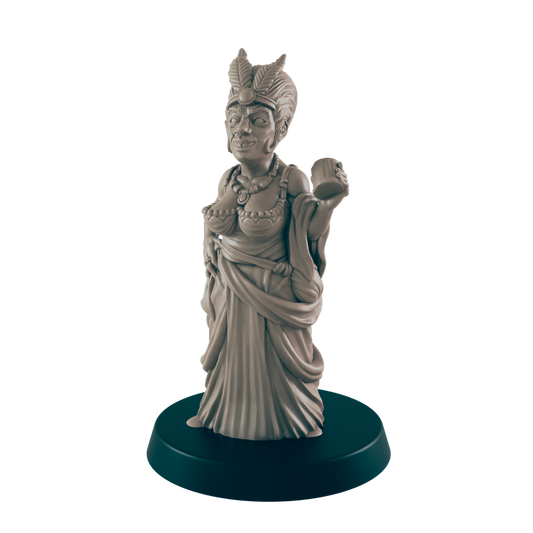 A sculpted female figure, holding a cup, stands on a dark circular base.  She wears a flowing robe and head adornment.