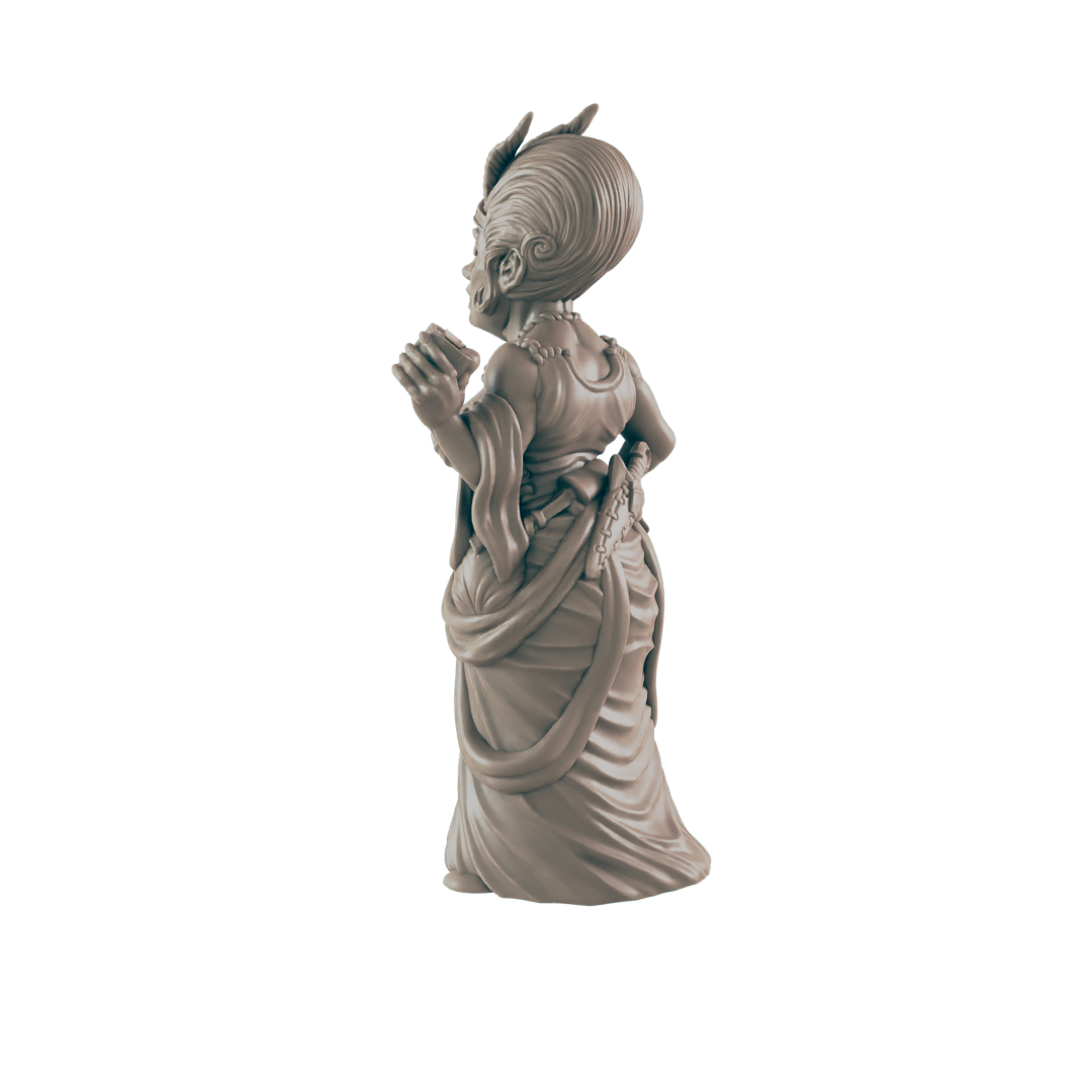 A sculpted figurine of a woman, standing in a flowing gown, is posed with hands clasped.  The figure appears to be a fantasy character.