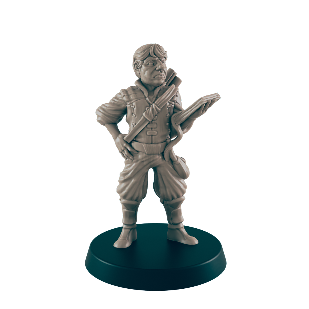 A miniature figurine of a stout, short-haired man, dressed in breeches and a tunic, stands on a dark circular base. He holds a lute-like instrument, appearing pensive.