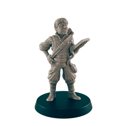 A miniature figurine of a stout, short-haired man, dressed in breeches and a tunic, stands on a dark circular base. He holds a lute-like instrument, appearing pensive.