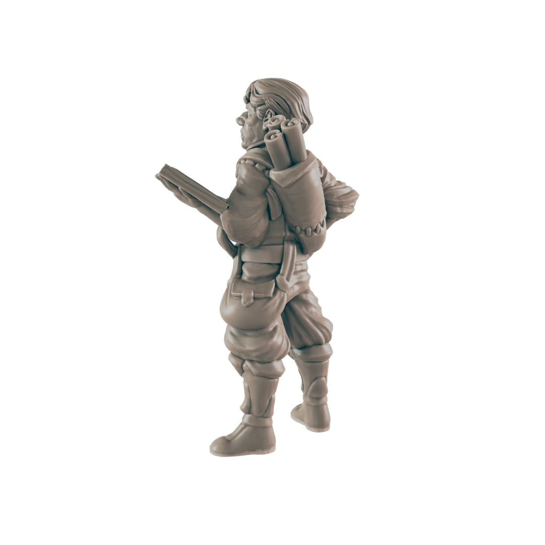 A miniature figurine of a man, carrying scrolls and a weapon, stands against a dark background.