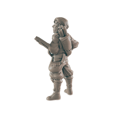 A miniature figurine of a man, carrying scrolls and a weapon, stands against a dark background.