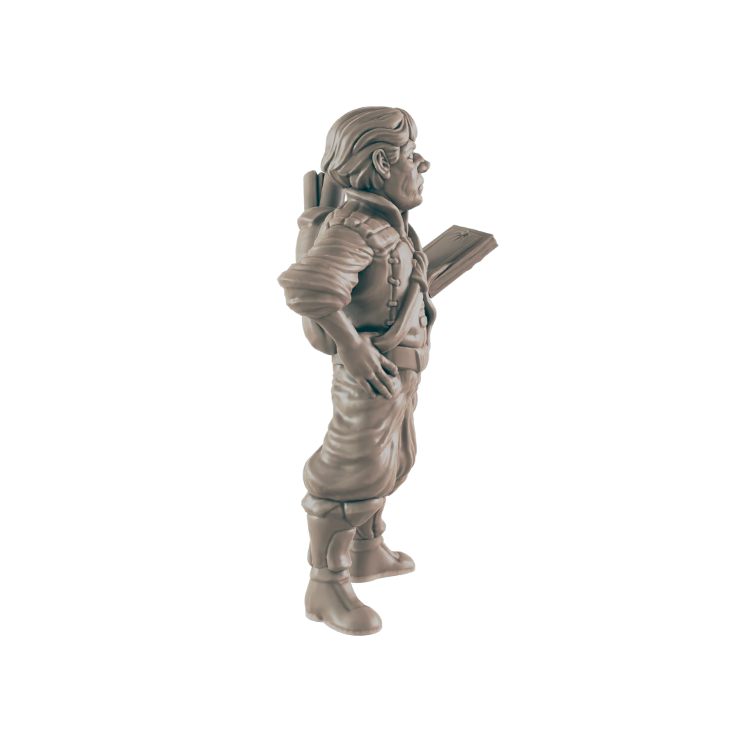 A miniature figurine of a stout, backpack-wearing man holds a flat object, standing against a dark background.