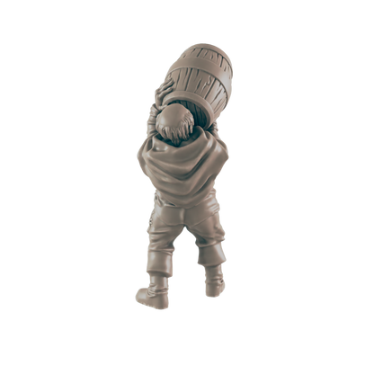 A miniature figure of a person lifts a barrel overhead against a dark background.