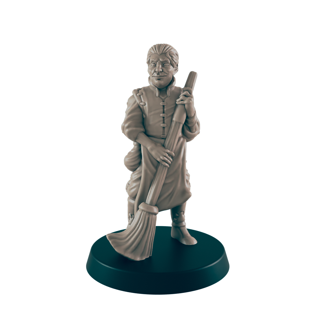 A miniature figurine of a man holds a broom. He is dressed in medieval-style clothing. The figurine stands on a dark circular base.