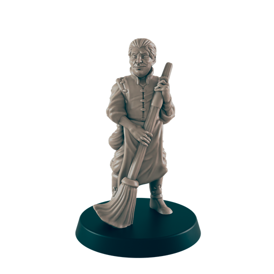 A miniature figurine of a man holds a broom. He is dressed in medieval-style clothing. The figurine stands on a dark circular base.