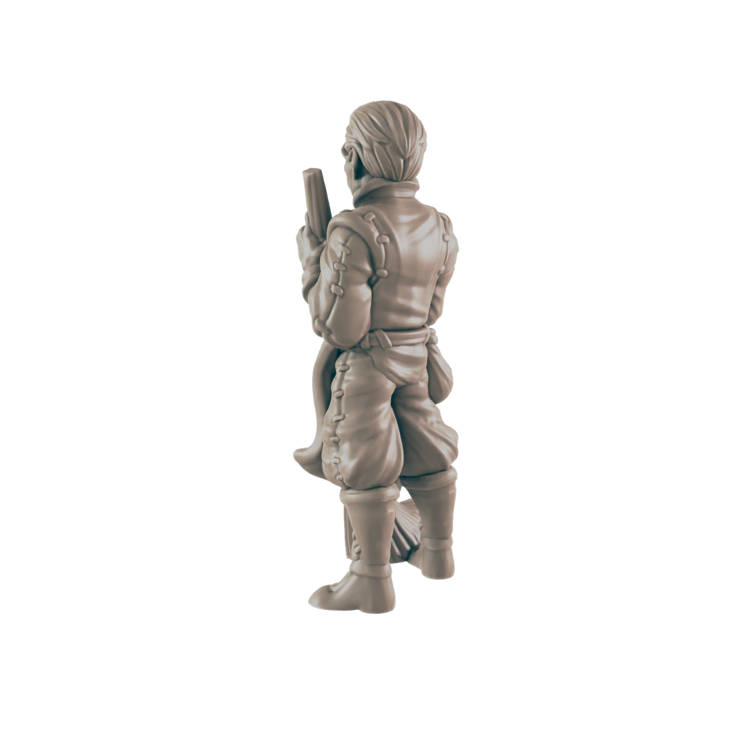 A miniature figurine of a male character, possibly a dwarf, stands holding a broom and what looks like a long weapon, set against a dark background.