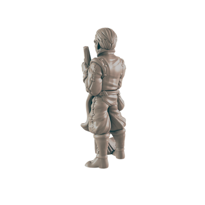 A miniature figurine of a male character, possibly a dwarf, stands holding a broom and what looks like a long weapon, set against a dark background.
